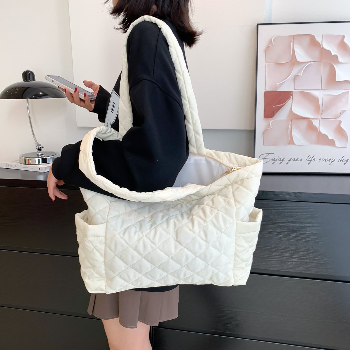 classic argyle pattern custom logo shopping bags padding quilted handbag women's tote bag