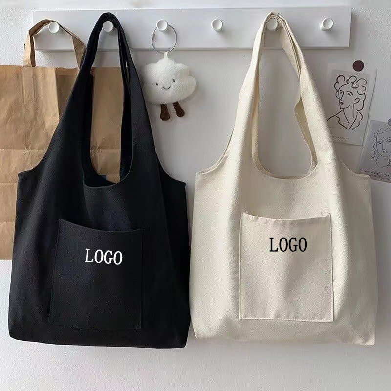 Factory Custom Logo Print Plain Reusable Big Outer Pouch Cotton Canvas Shopping Tote Bag custom With Pocket for women