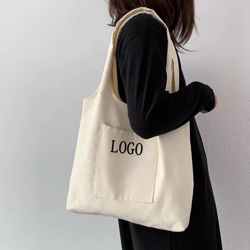Factory Custom Logo Print Plain Reusable Big Outer Pouch Cotton Canvas Shopping Tote Bag custom With Pocket for women