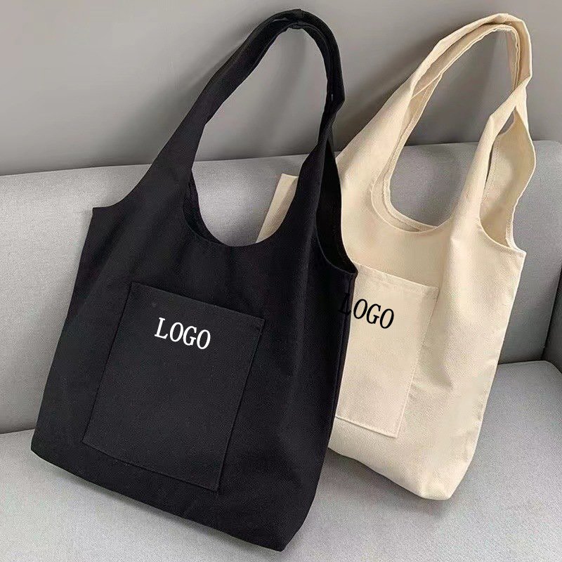 Factory Custom Logo Print Plain Reusable Big Outer Pouch Cotton Canvas Shopping Tote Bag custom With Pocket for women