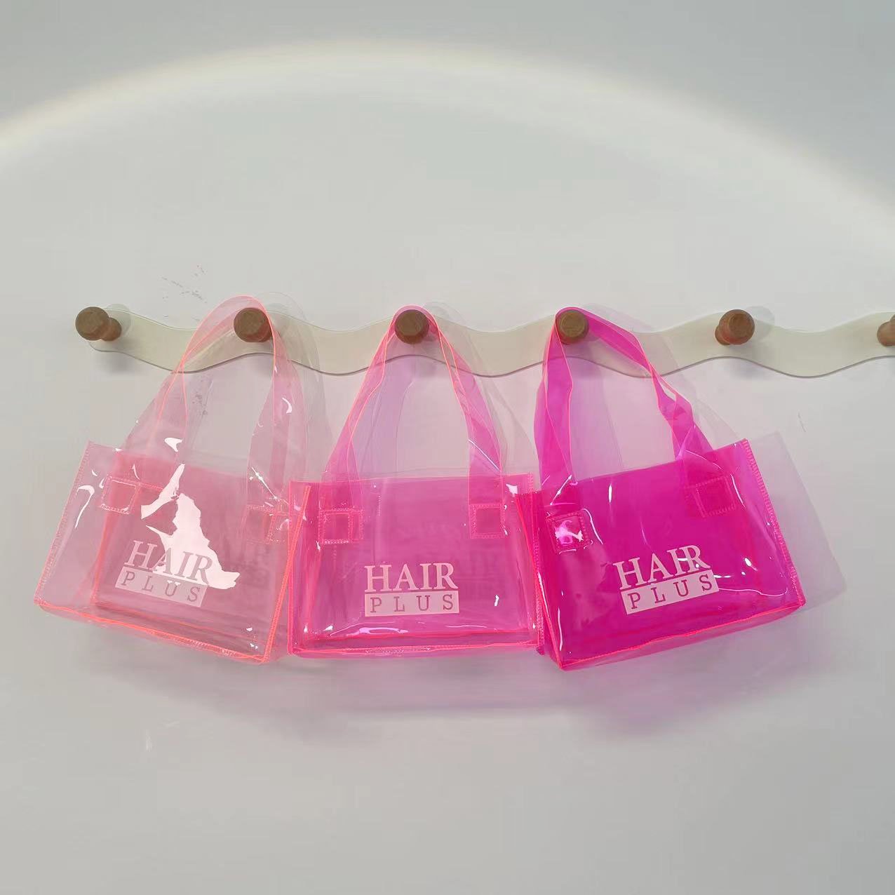 Hot Pink Clear Colored PVC Tote Shopping Bags Custom Logo Matching Handle Mini Gift Gag Waterproof See-though