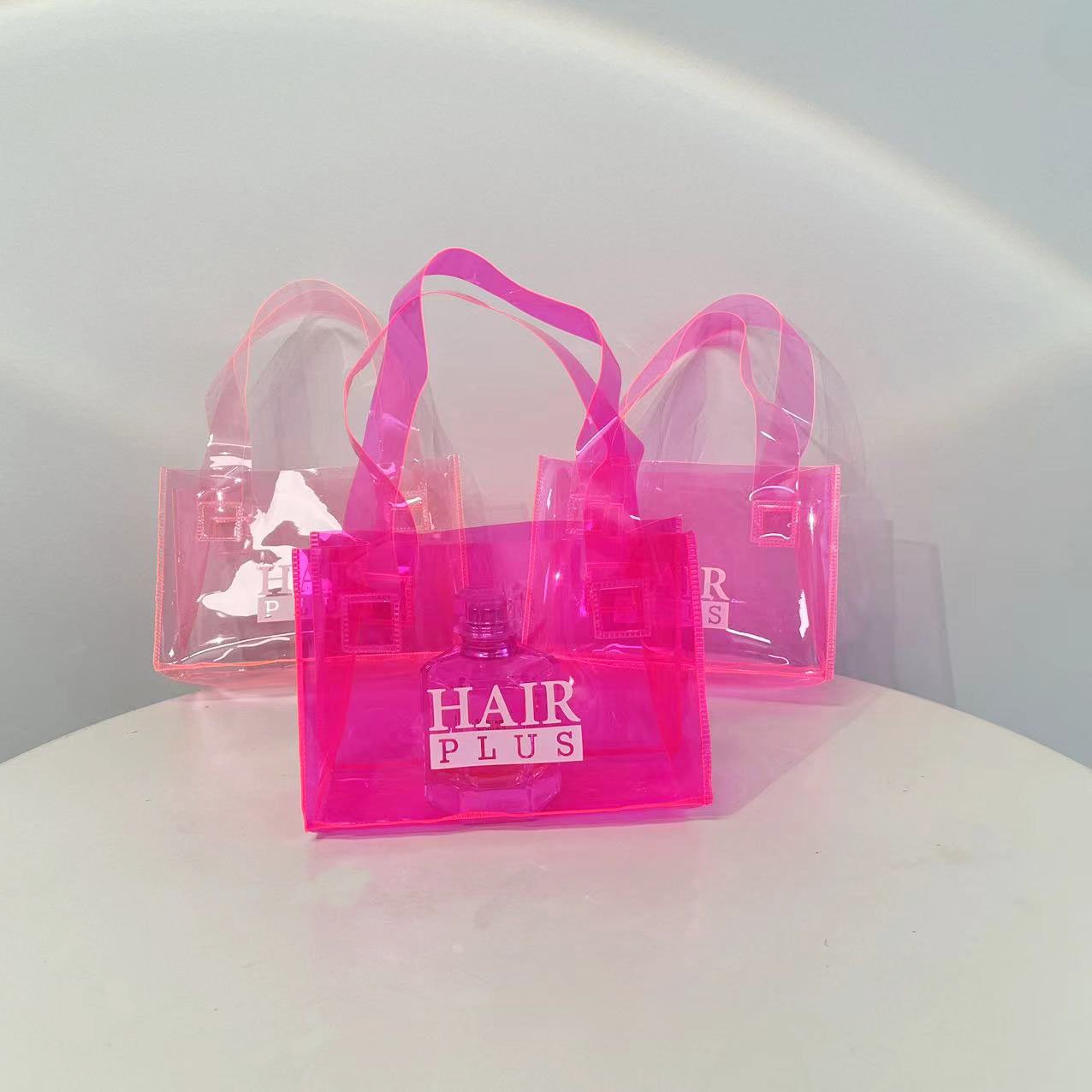 Hot Pink Clear Colored PVC Tote Shopping Bags Custom Logo Matching Handle Mini Gift Gag Waterproof See-though