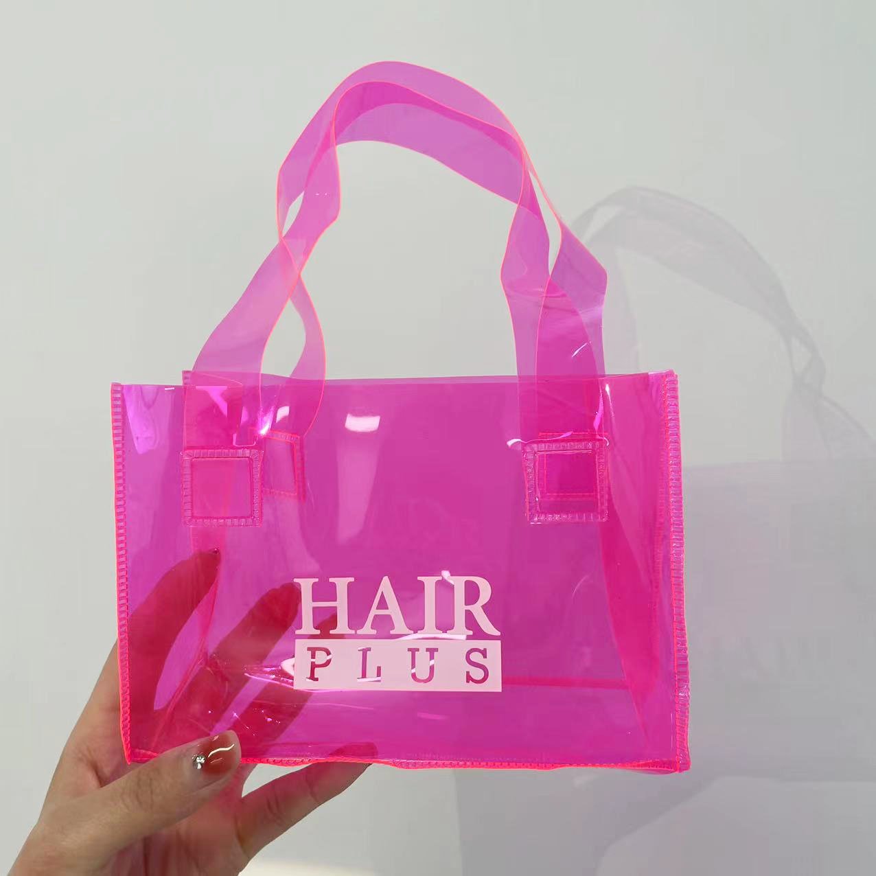 Hot Pink Clear Colored PVC Tote Shopping Bags Custom Logo Matching Handle Mini Gift Gag Waterproof See-though