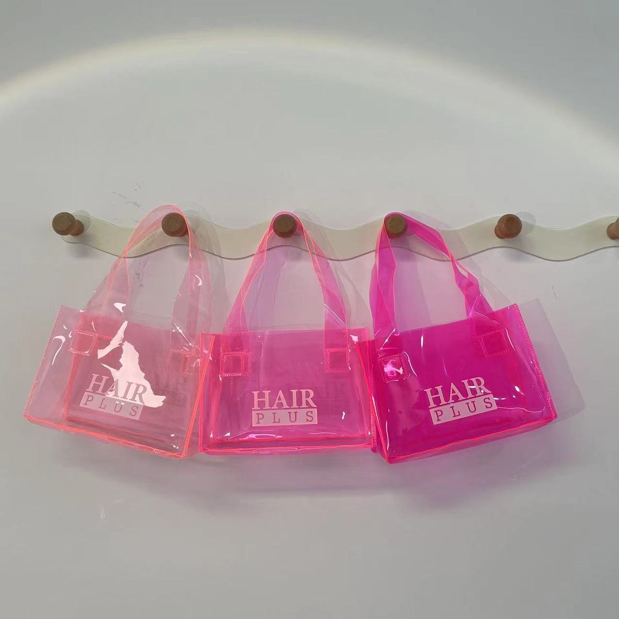 Hot Pink Clear Colored PVC Tote Shopping Bags Custom Logo Matching Handle Mini Gift Gag Waterproof See-though