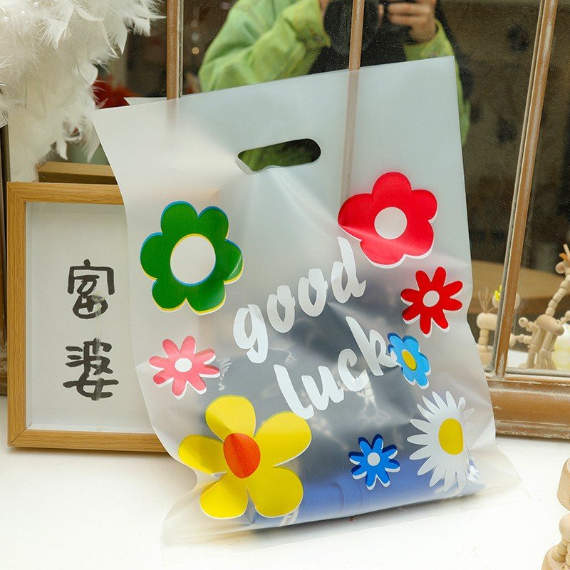 customized cheap printed packing shopping bags LDPE fold over die cut handle custom retail merchandise plastic bags