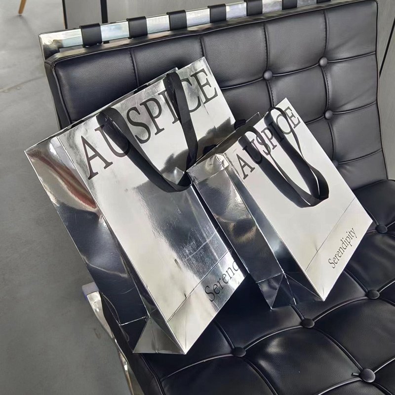Luxury Brand Custom Logo Handmade Silver Reflective Shopping Bags Certified Clothing Boutique Packaging Shoes Gifts Paper