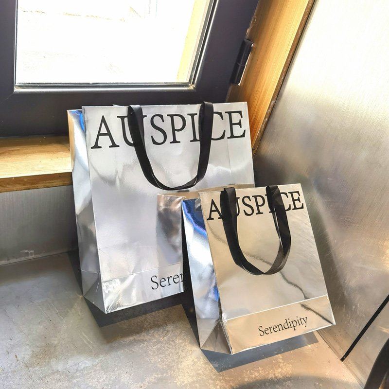 Luxury Brand Custom Logo Handmade Silver Reflective Shopping Bags Certified Clothing Boutique Packaging Shoes Gifts Paper