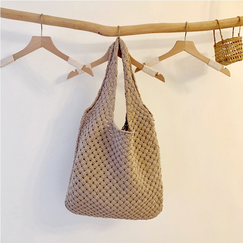 Custom Fashion New Design Casual Large capacity Hollow Mesh Knitted Bag Reusable Tote Shopping Bags For Women