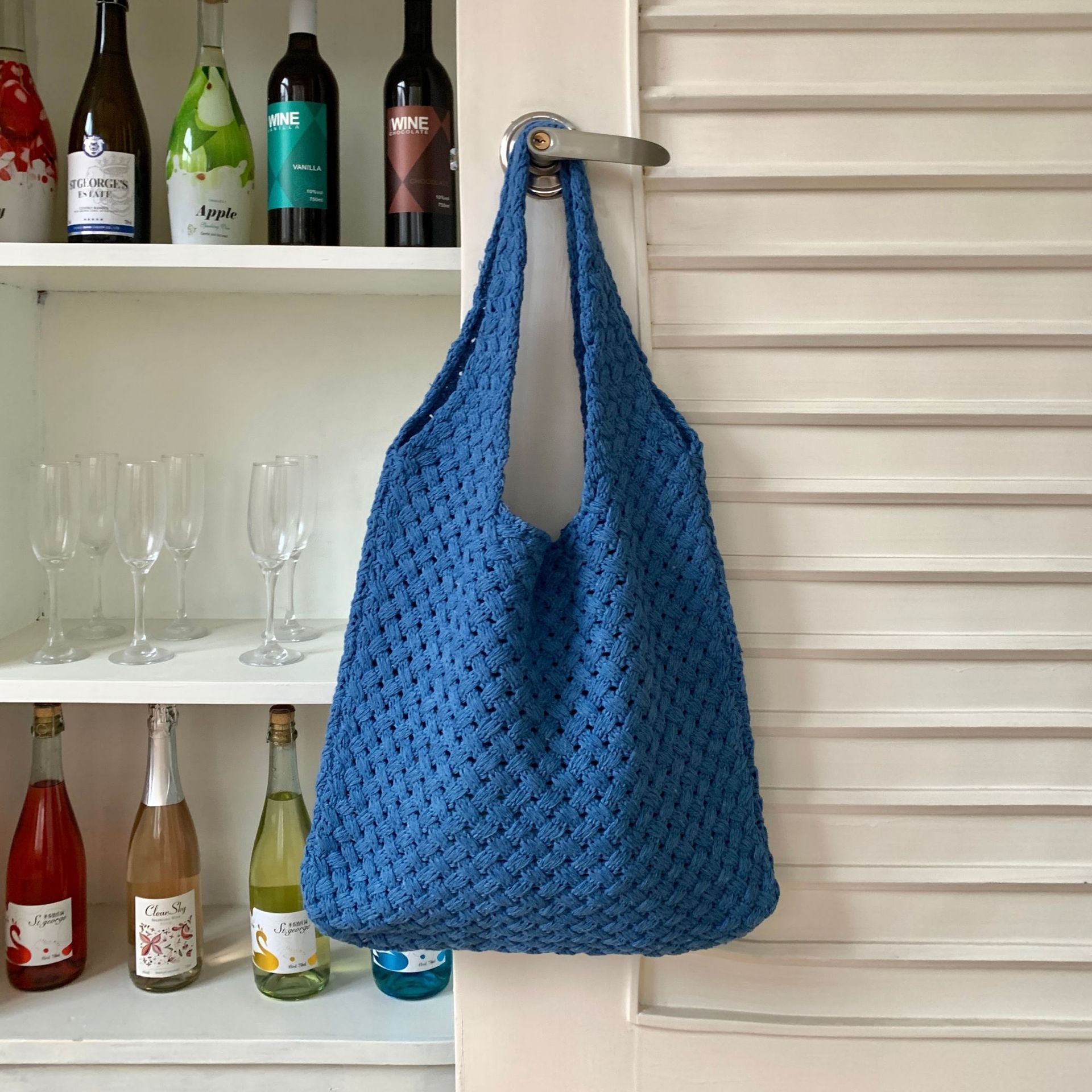 Custom Fashion New Design Casual Large capacity Hollow Mesh Knitted Bag Reusable Tote Shopping Bags For Women