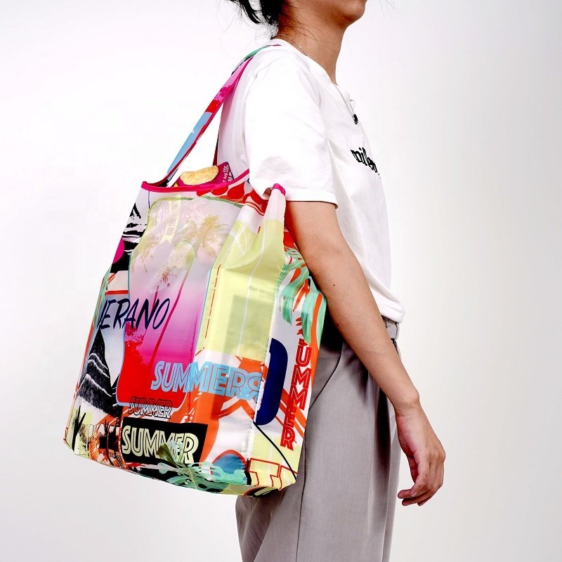 Eco recycled custom logo rpet polyester foldable reusable shopping bag with pouch