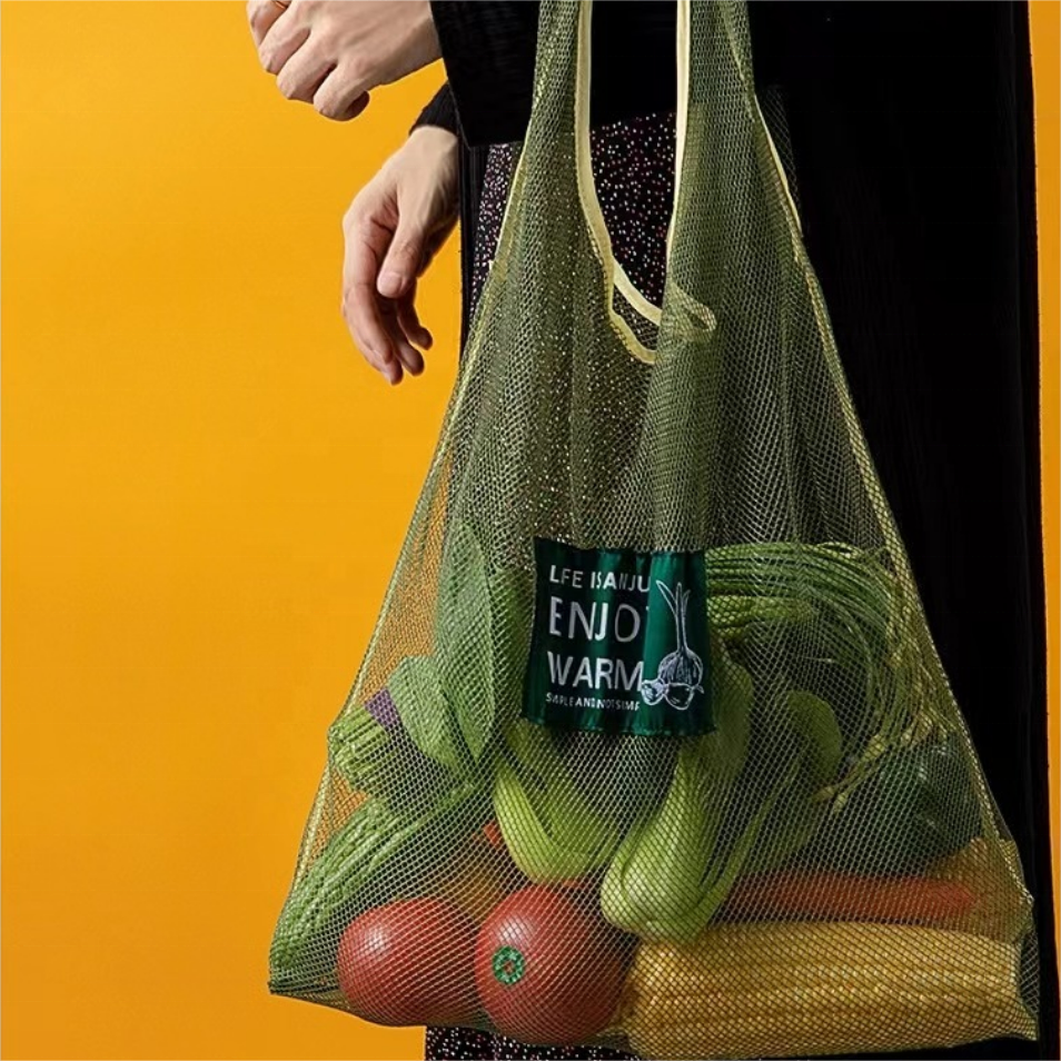 Customize Logo Printing Small Eco Friendly Reusable Grocery Tote Bags Produce Polyester mesh Shopping Bag
