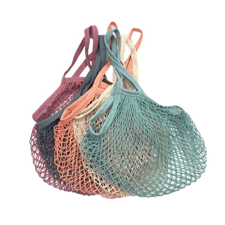 Reusable Fruit Vegetable Grocery Produce Tote Cotton String Mesh Net Shopping Bag With Long Handle