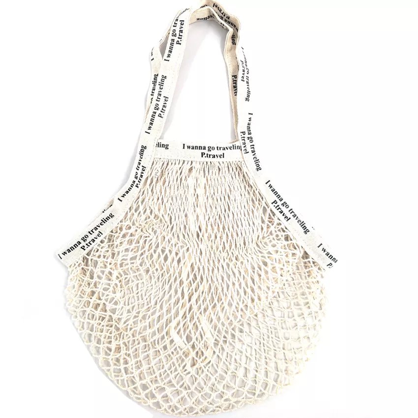 Reusable Fruit Vegetable Grocery Produce Tote Cotton String Mesh Net Shopping Bag With Long Handle