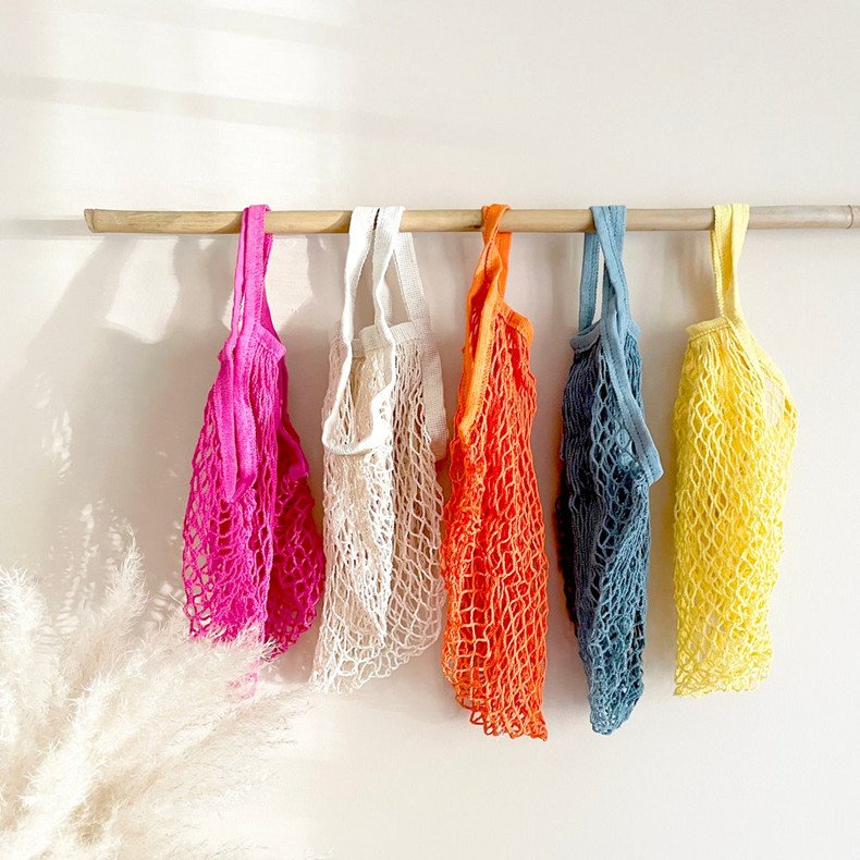 Reusable Fruit Vegetable Grocery Produce Tote Cotton String Mesh Net Shopping Bag With Long Handle