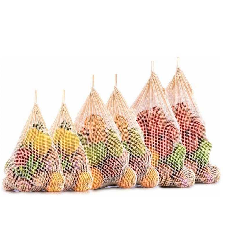 Reusable Fruit Vegetable Grocery Produce Tote Cotton String Mesh Net Shopping Bag With Long Handle