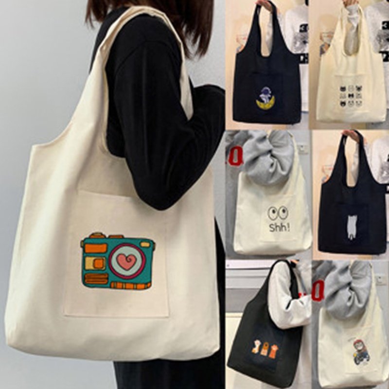 Eco Friendly Creamy Beige Black Blank Reusable Cotton Shopping Bag Canvas Plain Tote Bags with Logo for Women Grocery