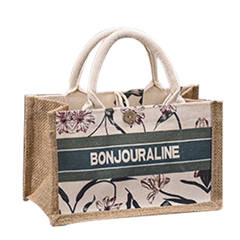 Custom Logo Printed Eco-Friendly Jute Bag Custom Coated Linen Shopping Bag Handbag Beach Bag