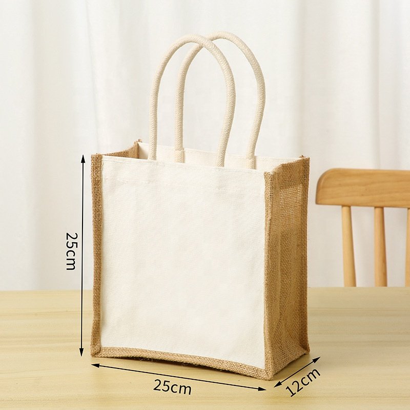 Custom Logo Printed Eco-Friendly Jute Bag Custom Coated Linen Shopping Bag Handbag Beach Bag
