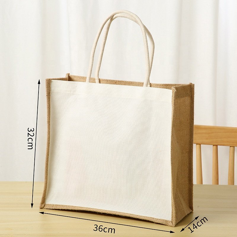 Custom Logo Printed Eco-Friendly Jute Bag Custom Coated Linen Shopping Bag Handbag Beach Bag