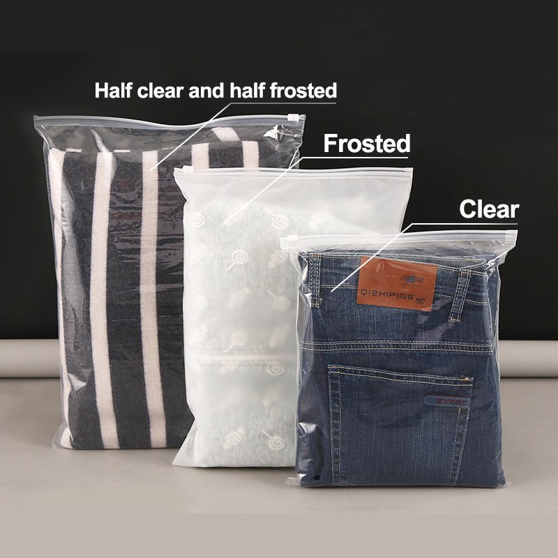 custom eco friendly sack transparent plastic clear promotional clothing packaging mylar frosted ziplock shopping bag