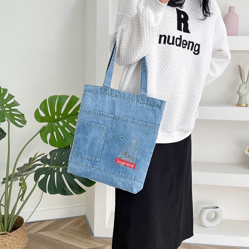 Custom LOGO Denim shoulder bag women casual simple Korean Japanese Style Shopping bag girls Denim jeans bag