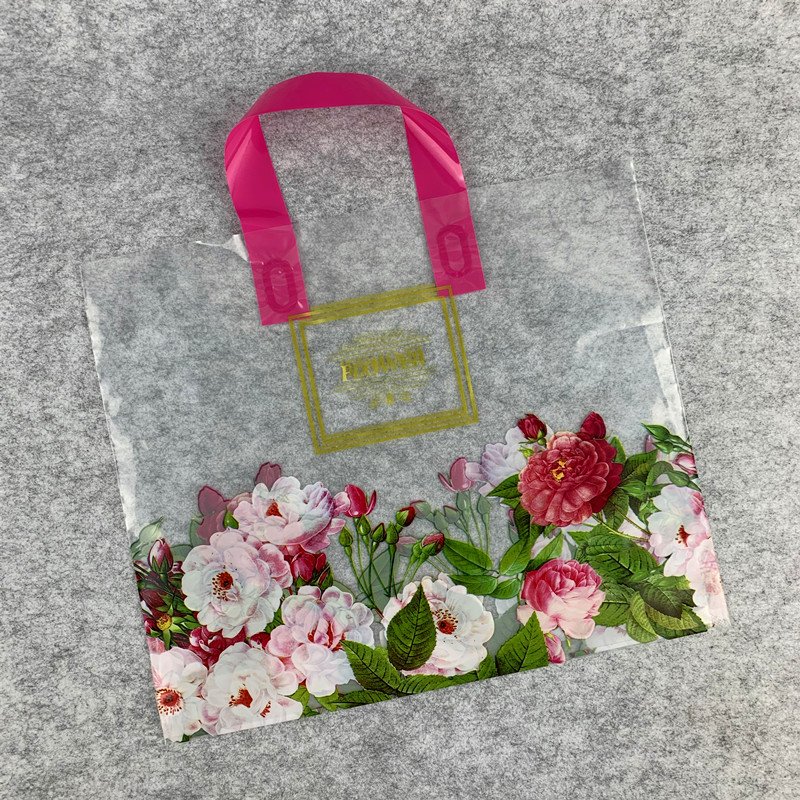 Chen Han Factory Wholesale Transparent Peony Flower Cosmetics Plastic Tote Bag Thickened Shopping Bag Clothing Store Packaging