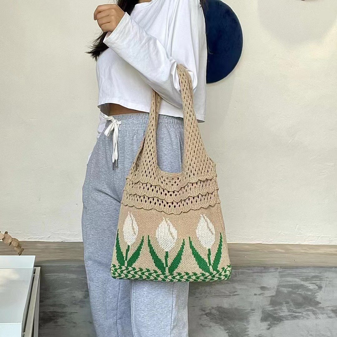 Aesthetic Hippie Crochet Beach Knitted Tote Shopping Bag with Boho Tulip Flower for Women Girls