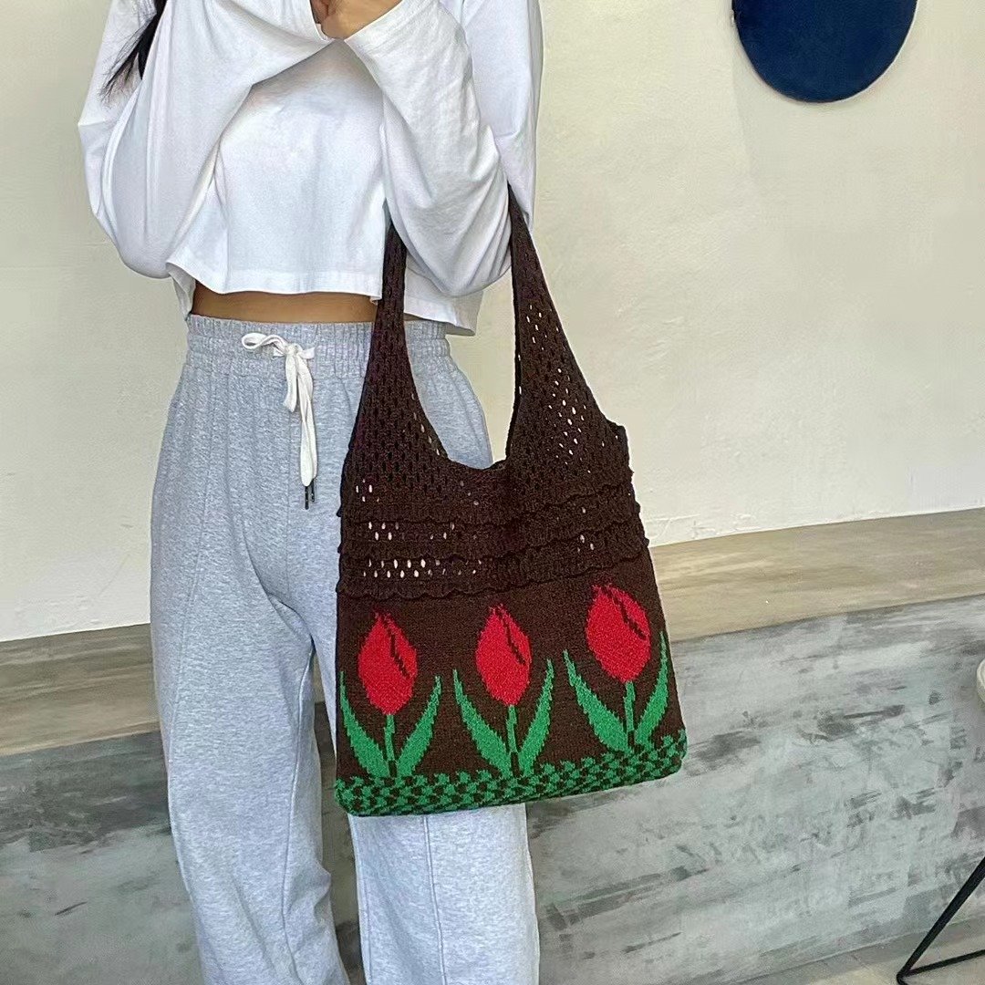 Aesthetic Hippie Crochet Beach Knitted Tote Shopping Bag with Boho Tulip Flower for Women Girls