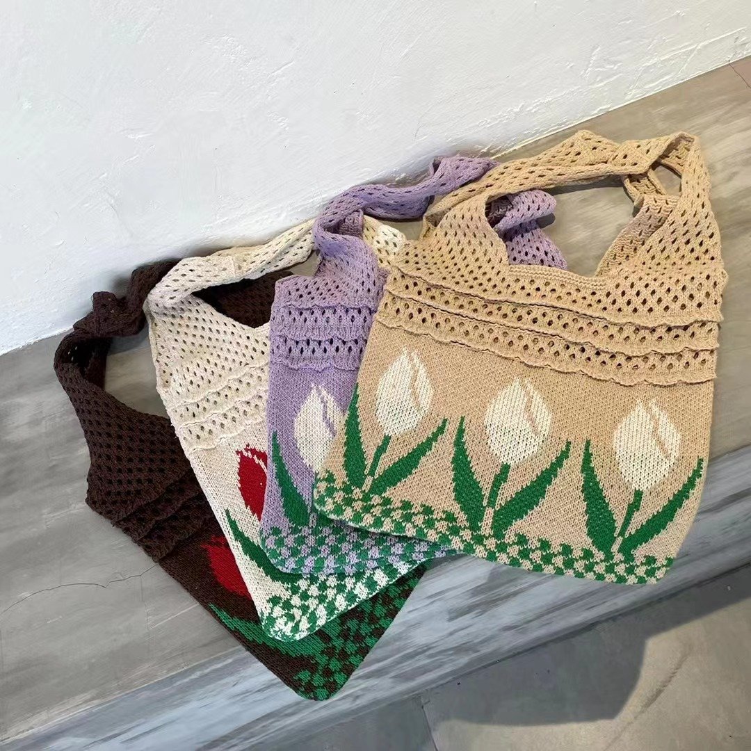 Aesthetic Hippie Crochet Beach Knitted Tote Shopping Bag with Boho Tulip Flower for Women Girls