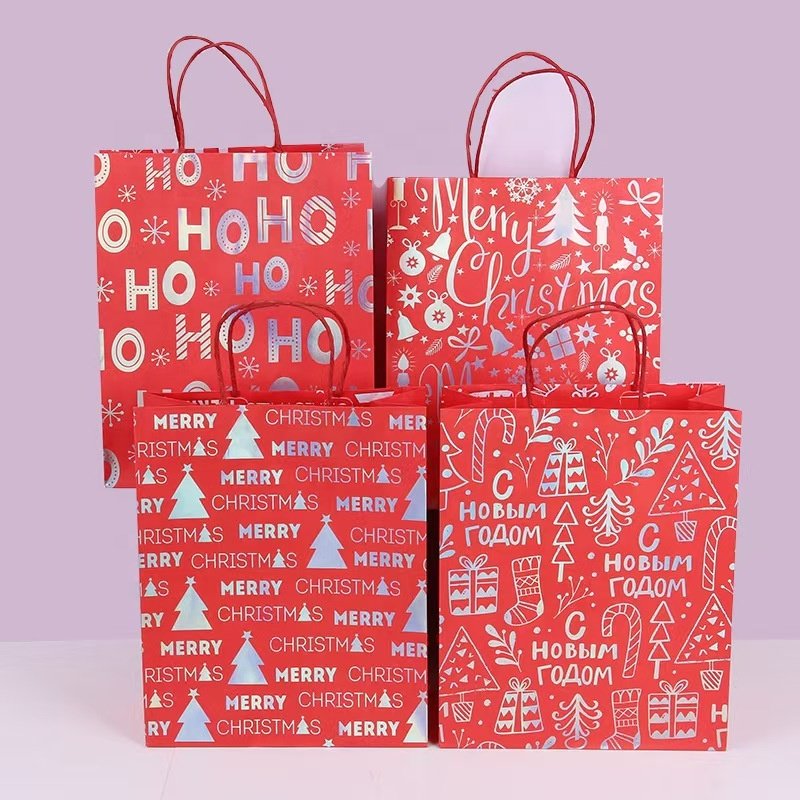 Red Christmas Kraft Paper Gift Sack For Party Festival Candy Merry Christmas Present Bags Supermarket Shopping Packaging Bags