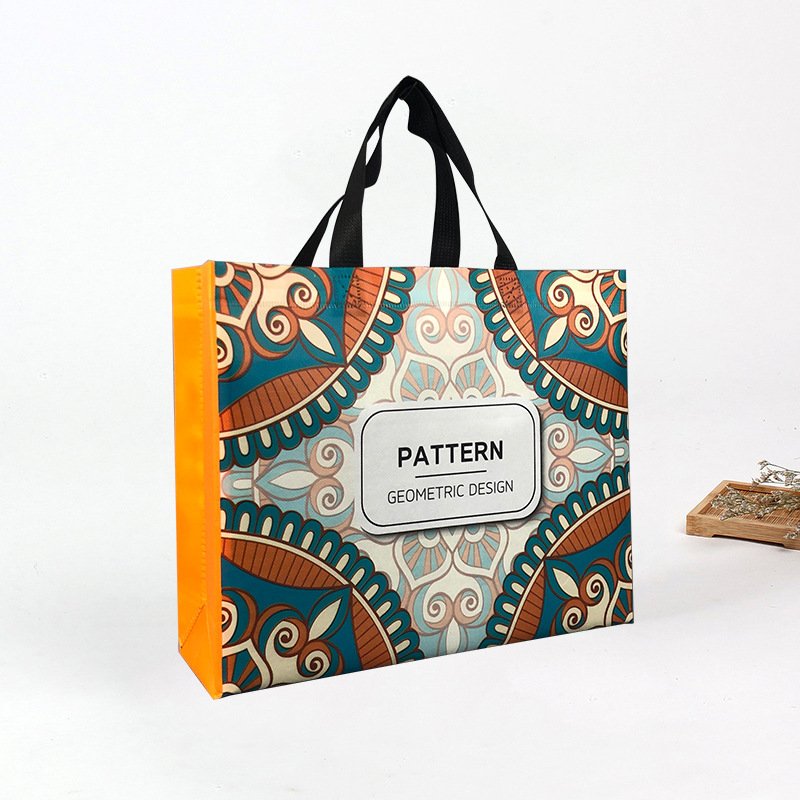 Wholesale low MOQ cheap reusable full print hot press shopping bag laminated non woven tote bags
