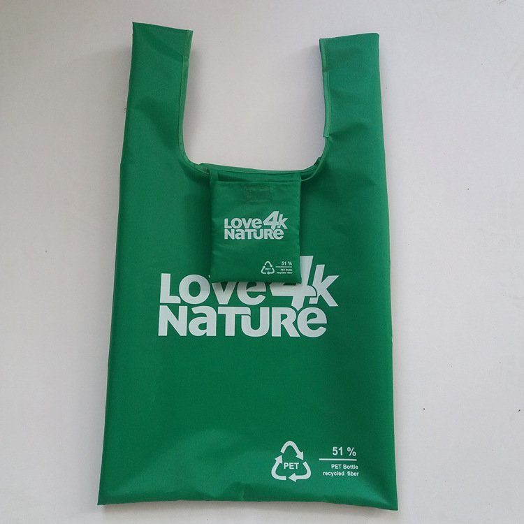 New Recycle RPET Polyester Foldable Shopping Bag Nylon Recycled PET Bottles Fabric T Shirt Fold In Small Bag