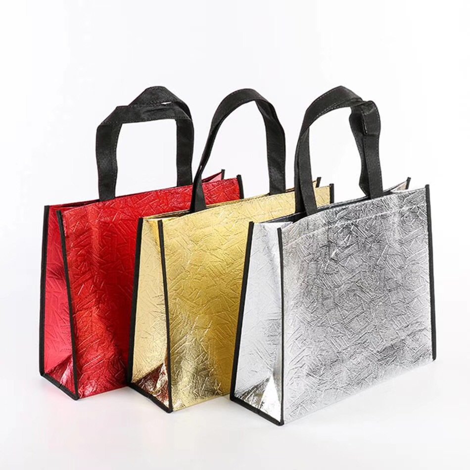 Custom Logo Reusable Metallic Lamination Non Woven Shopping Bag, Eco-friendly Luxury Shoes Clothes Packing Tote Bag