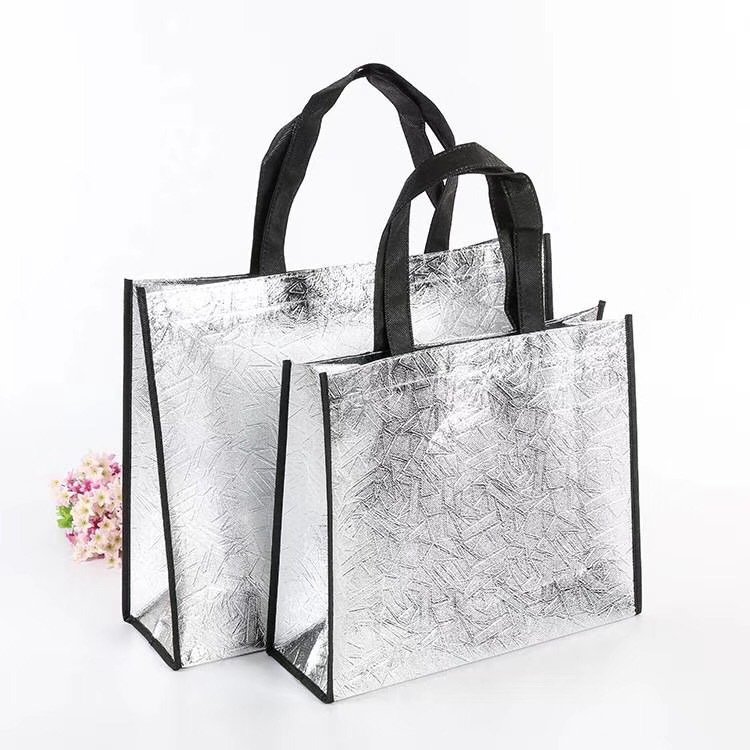 Custom Logo Reusable Metallic Lamination Non Woven Shopping Bag, Eco-friendly Luxury Shoes Clothes Packing Tote Bag