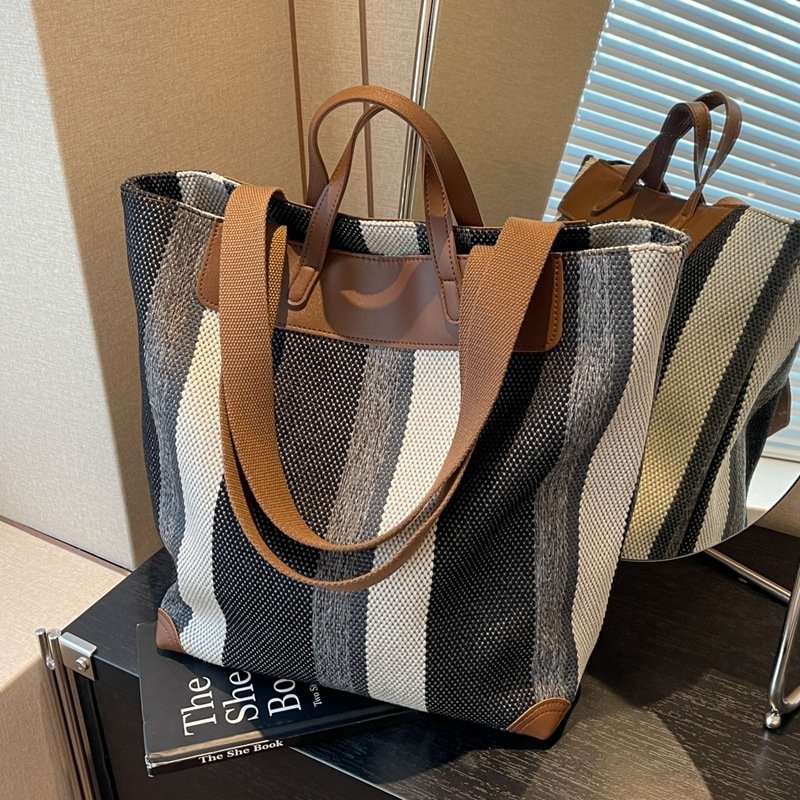 Wholesales Personalized Large Capacity Stripe Monogram Canvas Shoulder Shopping Bag