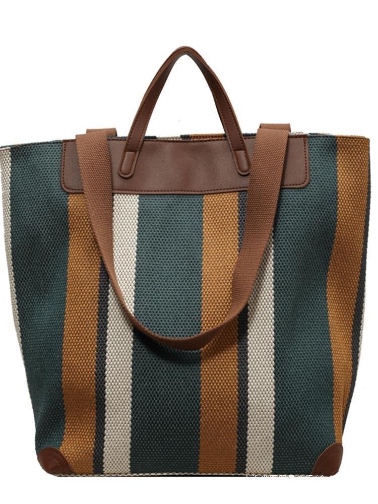 Wholesales Personalized Large Capacity Stripe Monogram Canvas Shoulder Shopping Bag