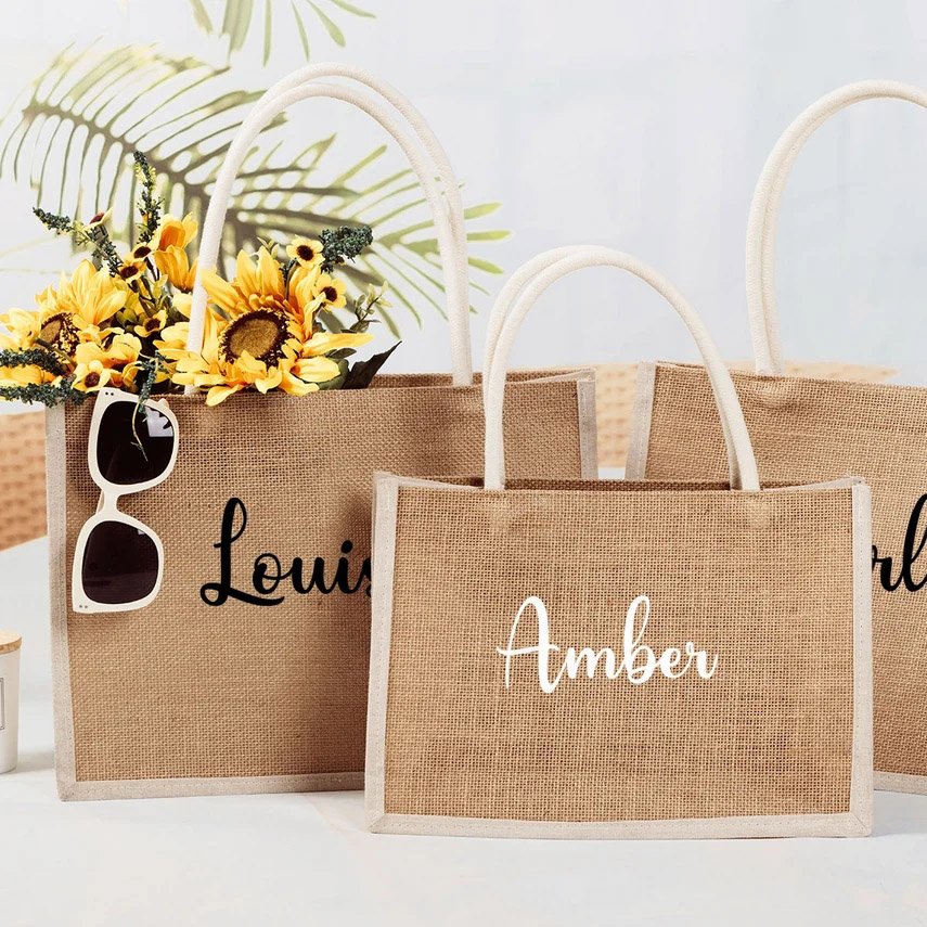 Personalized Bulk Bridesmaid Bags Burlap Beach Girls Trip Proposal Gift Bridal Party Shopping Jute Bag Customized Logo