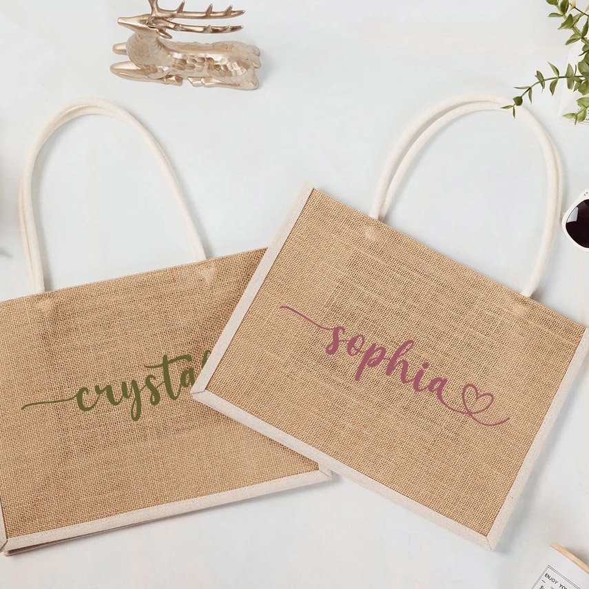 Personalized Bulk Bridesmaid Bags Burlap Beach Girls Trip Proposal Gift Bridal Party Shopping Jute Bag Customized Logo