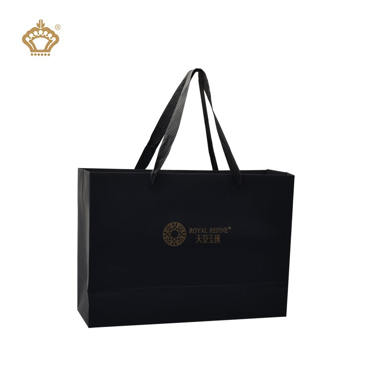 Wholesale Custom Logo Gold Foil Logo Luxury Black Gift Shopping Bags Cardboard Paper Bag