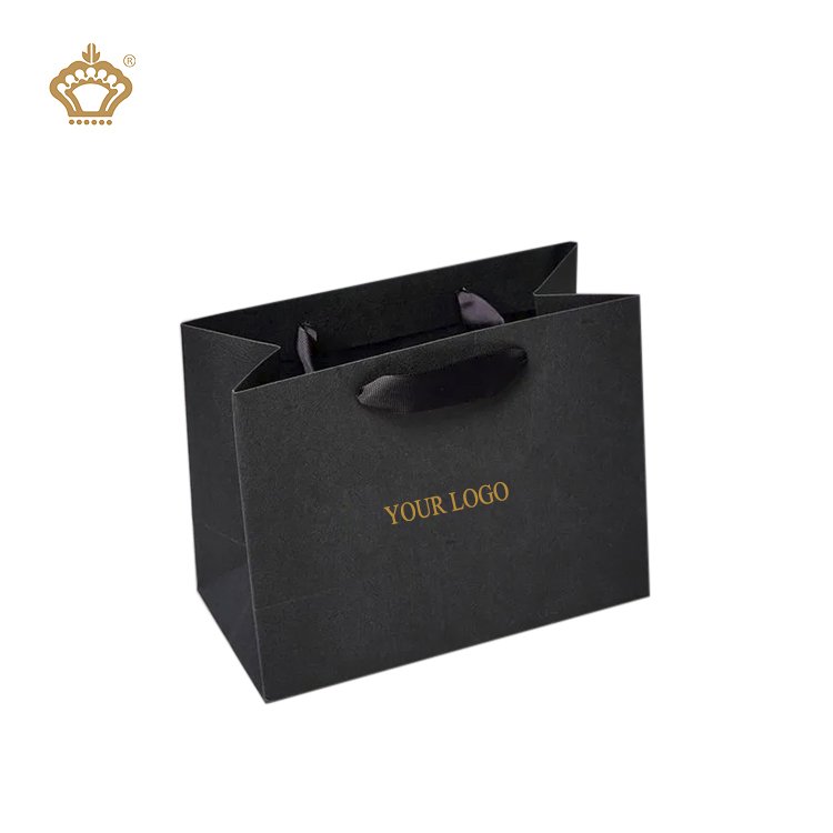 Wholesale Custom Logo Gold Foil Logo Luxury Black Gift Shopping Bags Cardboard Paper Bag
