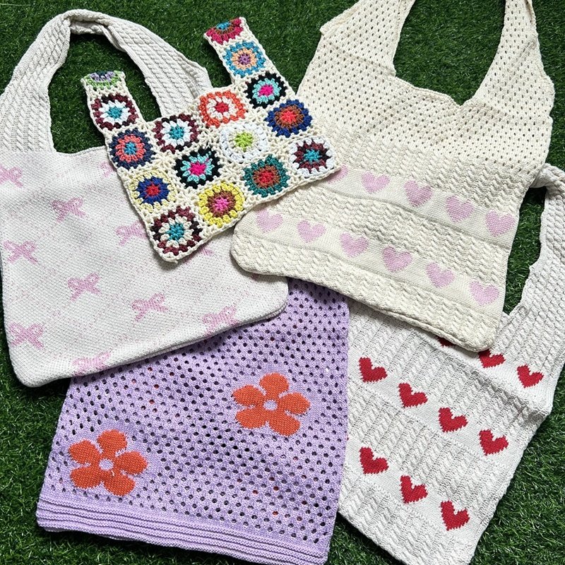 Wholesale Woven Crochet Knitted Hand Tote Bag Multiple Colors Ladies Mesh Beach Bags Valentine's Day Pink Red Heart Shopping Bag