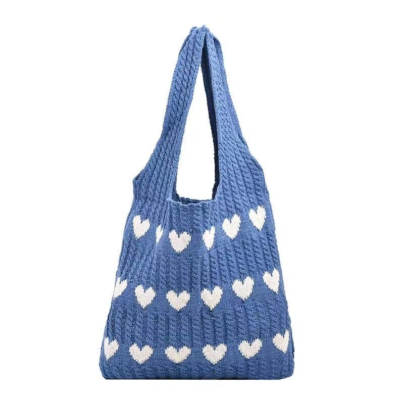 Wholesale Woven Crochet Knitted Hand Tote Bag Multiple Colors Ladies Mesh Beach Bags Valentine's Day Pink Red Heart Shopping Bag