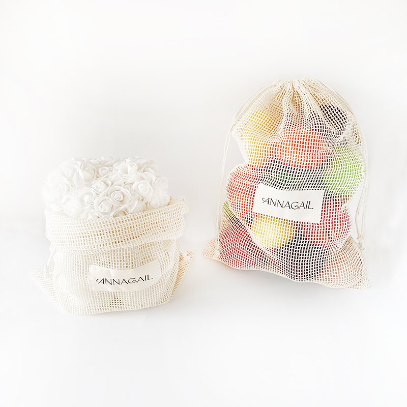 Wholesale custom brand Label portable drawstring cotton mesh produce shopping bags