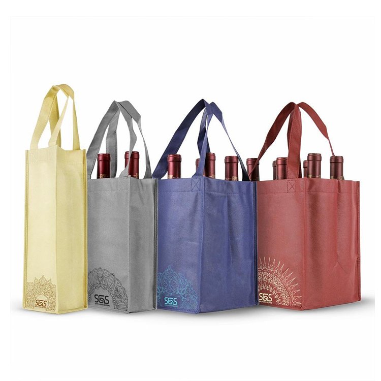 Bulk eco friendly reusable carrier pack board bottom non woven 6 bottle foldable wine tote shopping bags for divided bottles