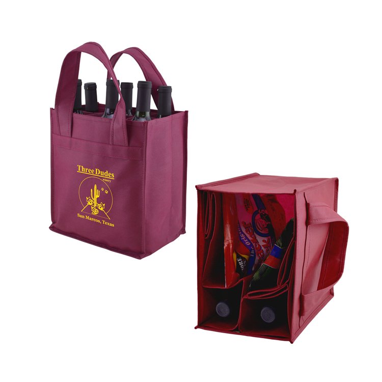 Bulk eco friendly reusable carrier pack board bottom non woven 6 bottle foldable wine tote shopping bags for divided bottles