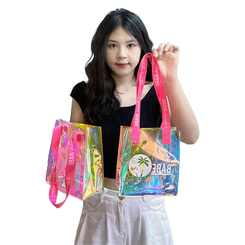 Custom Hologram PVC Beach Tote Bag Clear Laser Shopping bag Transparent Holographic Iridescent PVC Bags