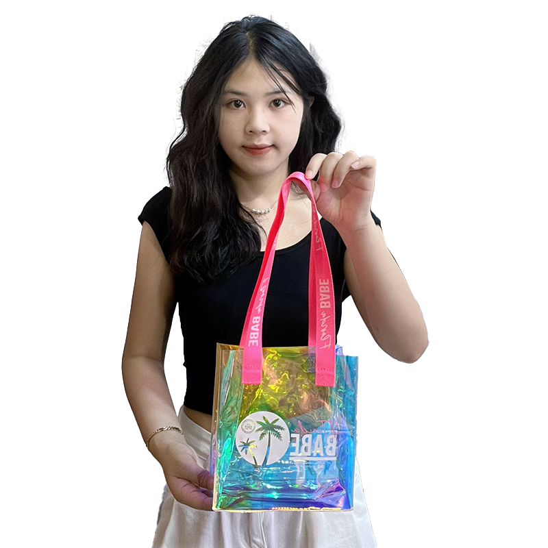 Custom Hologram PVC Beach Tote Bag Clear Laser Shopping bag Transparent Holographic Iridescent PVC Bags