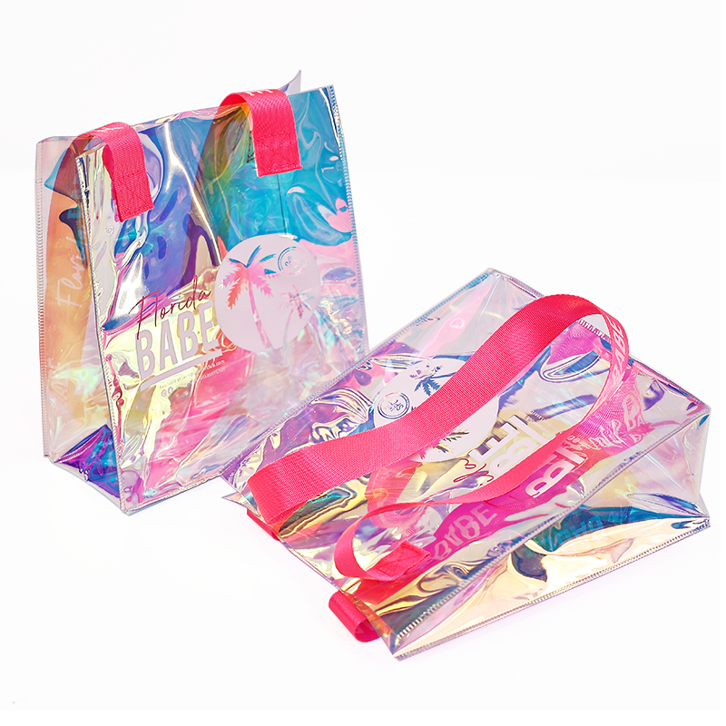 Custom Hologram PVC Beach Tote Bag Clear Laser Shopping bag Transparent Holographic Iridescent PVC Bags