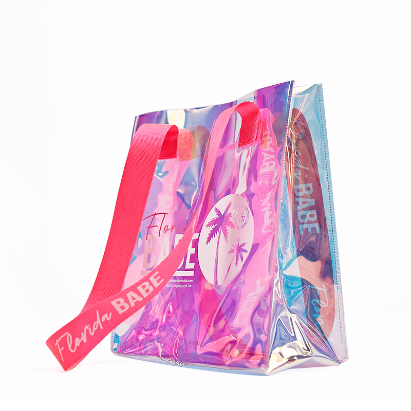 Custom Hologram PVC Beach Tote Bag Clear Laser Shopping bag Transparent Holographic Iridescent PVC Bags