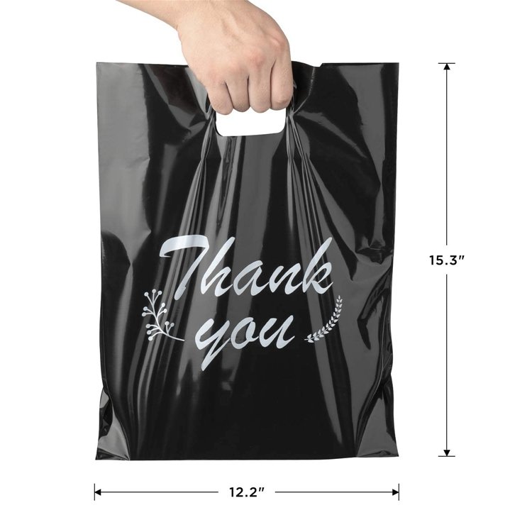 12x15 Black LDPE Merchandise Bags Heat Seal Handle for Grocery Supermarket Industrial Package Use